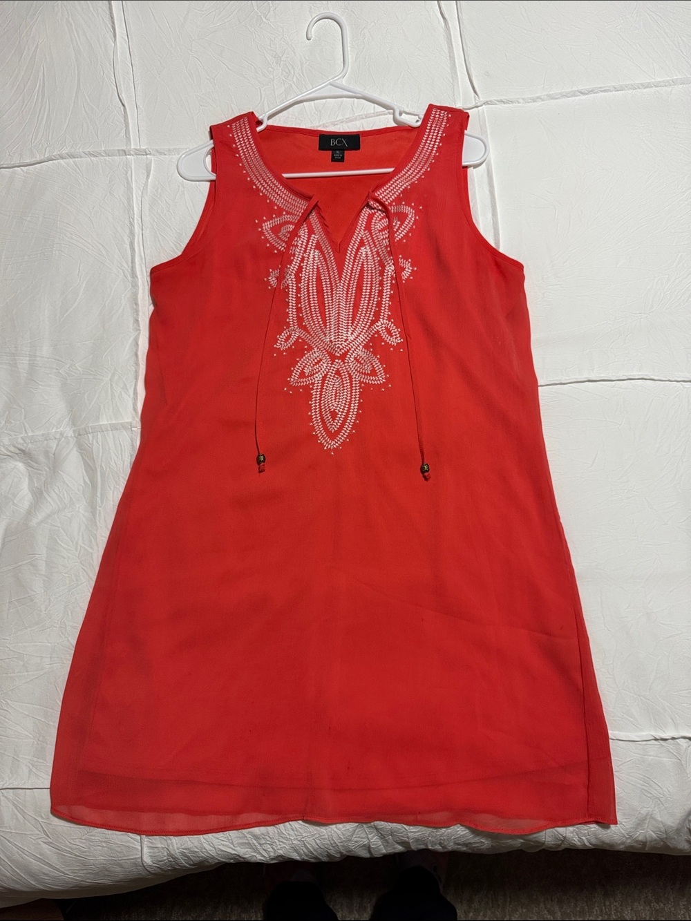 BCX Coral Red Embroidered Split Neck Chiffon Shift Dress sz XL